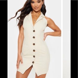 Beige Sleeveless Button Front Blazer Bodycon Dress